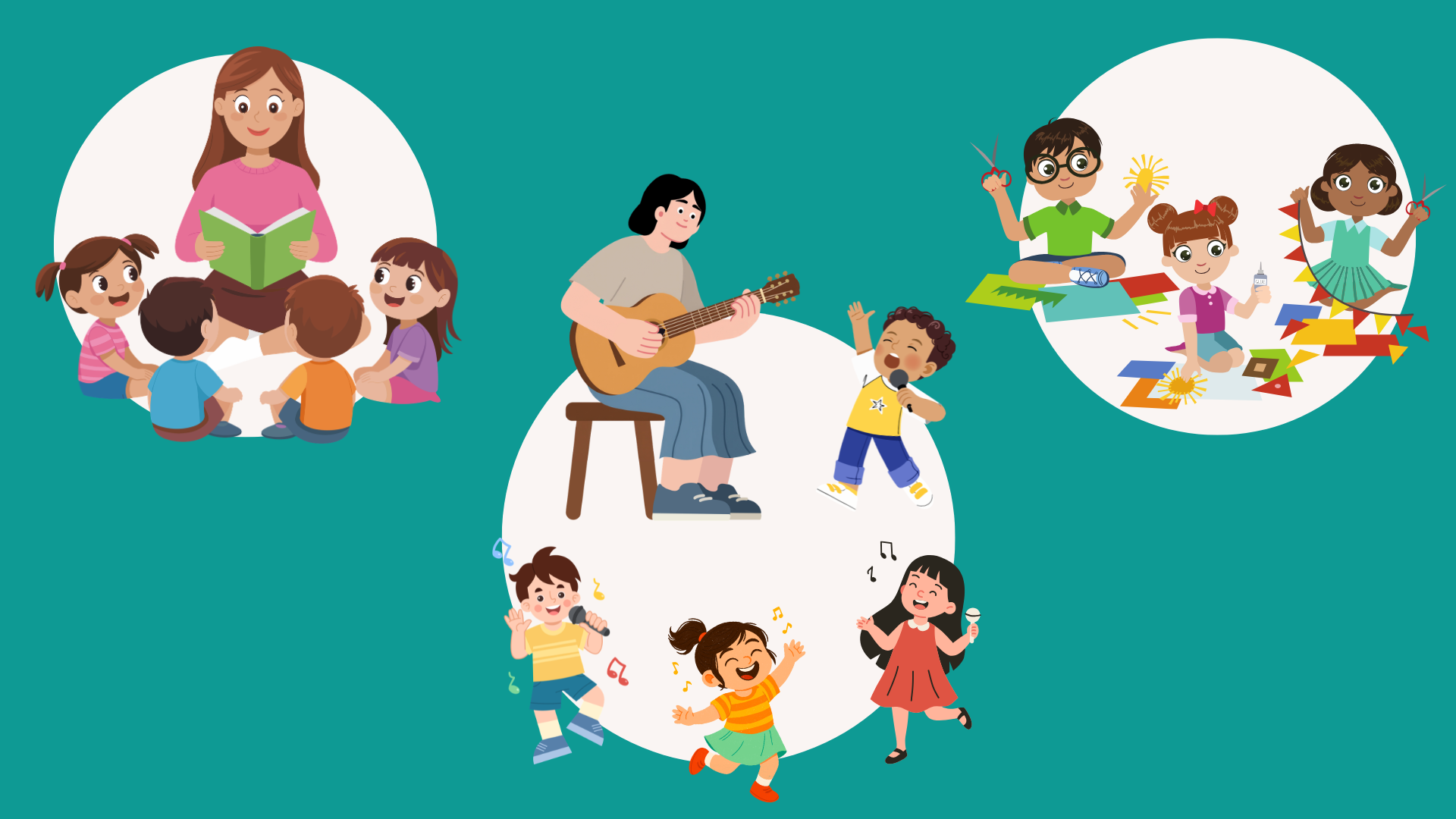 Cartoon images of children interacting with library staff
